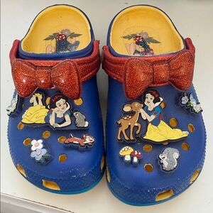 CROCS Kids Blue Clogs with Red Glitter Bow & Yellow Accents
